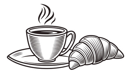 Hot steaming cup of coffee with a delicious croissant for breakfast