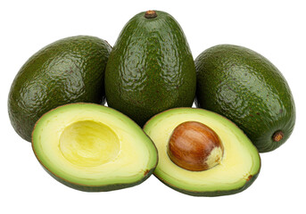 Isolated Whole and Halved Avocados Showing Seed for Healthy Eating