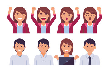 Diverse Expression: A set of eight graphic character illustrations, depicting a range of expressions from joyful elation to contemplative and neutral.