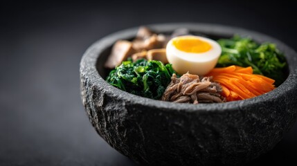 Bibimbap, traditional korean dish served in stone bowl, mixing rice, vegetables, meat, and egg