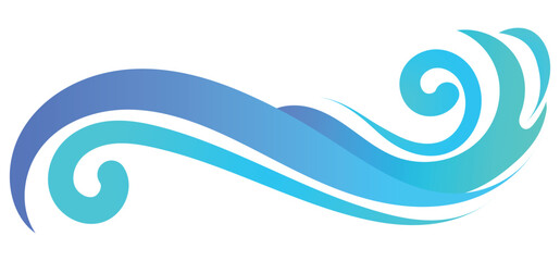 This image features flowing, stylized blue waves against a white background.	