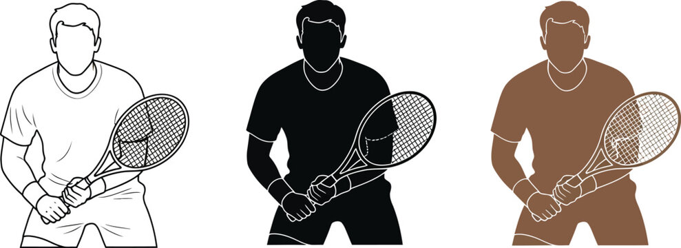 Three tennis player silhouettes showcase a sportsman holding a racket, perfect for sports-themed designs, athletic promotions, or illustrating tennis concepts in a modern style.