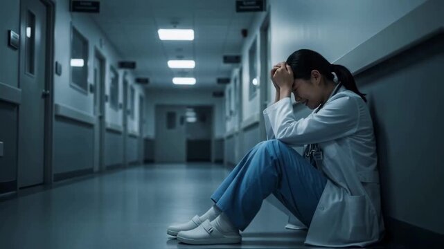 Overwhelmed female doctor sits on the floor in a hospital corridor, representing medical burnout, stress, emotional exhaustion and the intense pressure of the healthcare profession