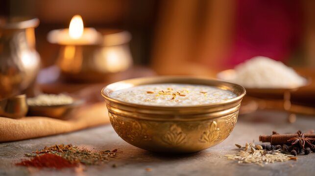 Creamy rice kheer or pudding decorated with cardamom served in a brass bowl for indian traditional ceremony