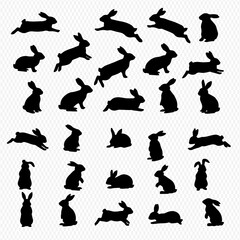 A collection of black silhouette illustrations of rabbits in various poses, including sitting, running, and leaping, against a light background.