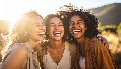 Three women laughing outdoors in the sun.