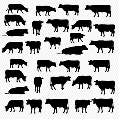 Silhouette collection of various cows and calves in different poses.