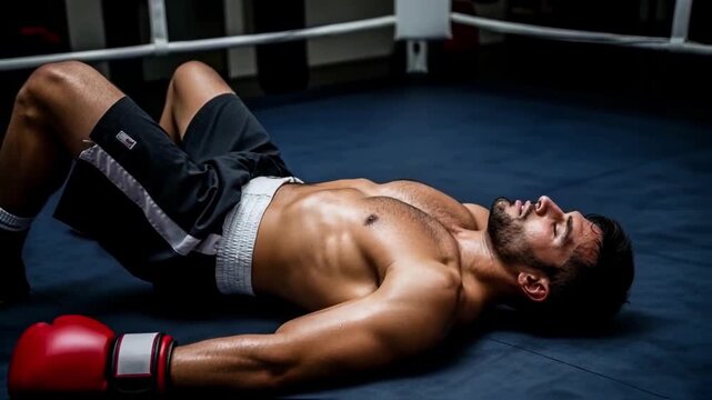 Exhausted boxer lying on the canvas after a knockout, symbolizing defeat, failure, burnout, the physical and emotional toll of competition and the challenge of overcoming adversity