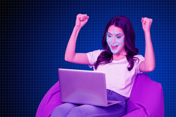 Creative full art collage of happy businesswoman sit beanbag hacking laptop scan verification app...