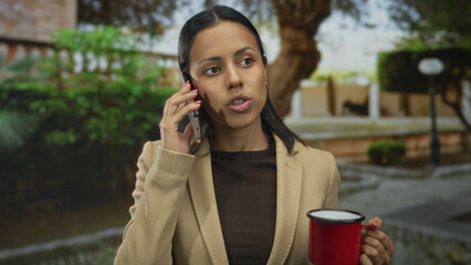 Woman talking on phone holding red cup in green park setting, wearing a beige jacket and black...