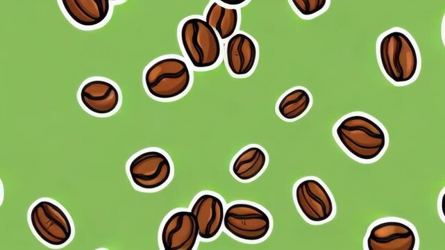 Animation of cartoon coffee beans falling on a green screen, transparent background, for coffee shops, morning concepts, beverage menus, and caffeine-related advertising