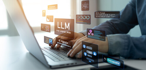 Large language model(LLM) with AI technology.User working on laptop in LLM,Data performrange...