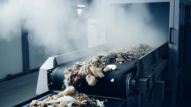 Heavyduty conveyor belt moving food waste through an enclosed processing unit with vapor emission.