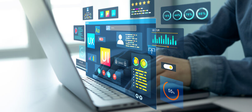 Holographic UIUX, display icons of UX-UI designer, creative planning, data visualization. Web design, application design,coding develop.	
UX-UI design web and user design development.