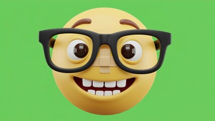 Animation of a nerd emoji with taped glasses laughing on a green screen, transparent background, for concepts of geek culture, studying, intelligence, or back to school humor