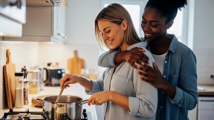 Lesbian couple cooking together in a kitchen, one woman lovingly embraces her partner from behind, concept of a happy domestic partnership, love, and lgbtq+ family lifestyle