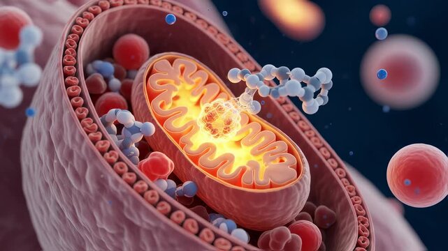 Detailed cross section of a mitochondrion revealing internal structures and interactions with surrounding molecules, emphasizing energy production and metabolic processes