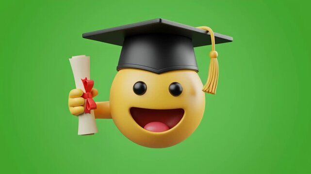 Animation of a surprised emoji in a graduation cap holding a diploma on a green screen, for content about education, academic success, commencement and online learning
