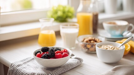 Delicious and nutritious breakfast is waiting to be eaten on a bright sunny morning