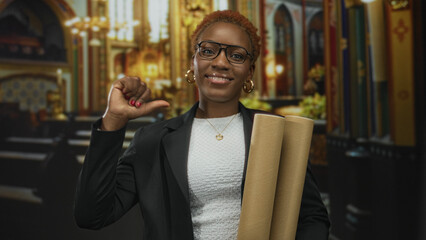 Woman in blazer holding architecture blueprints pointing thumb to chest inside ornate church...