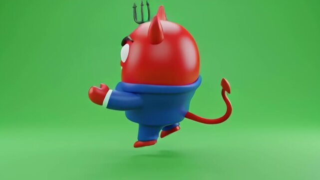 Animation of a cartoon devil character in a business suit holding a trident on green screen, transparent background, concept for corporate greed, bad boss or risky deals