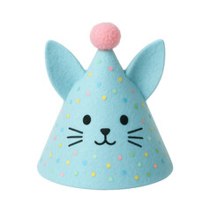 A cute light blue felt birthday party hat with a cat face, ears, confetti, and a pink pom-pom, Isolated on Transparent and White Background