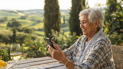 Happy elderly South Asian woman using smartphone outdoors in countryside - Concept of solo travel for seniors