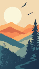 Fototapeta premium Peaceful Digital Illustration of a Sunrise Mountain Landscape with Pine Forests and a Winding Path