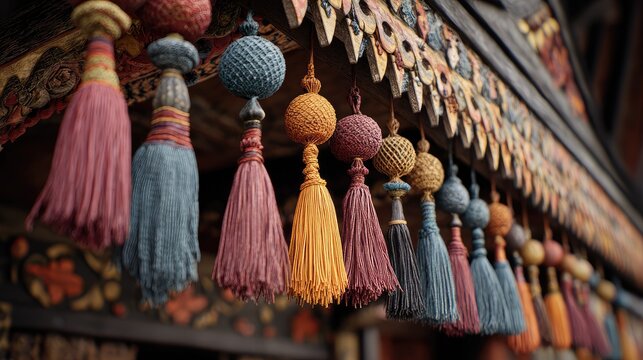 Colorful tassels hang from ornate wooden eaves