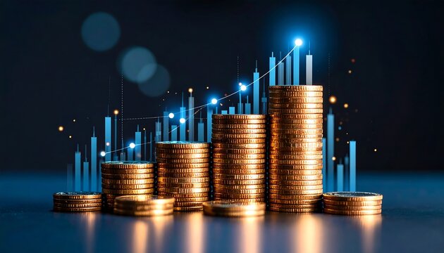Stacks of gold coins with a financial graph overlaid