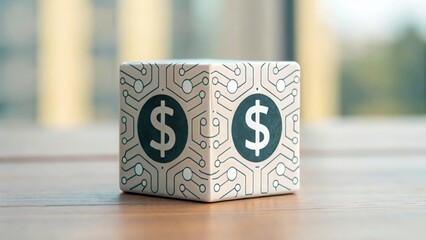 Cube with circuit pattern and dollar symbol in center — blockchain-powered banking innovation
