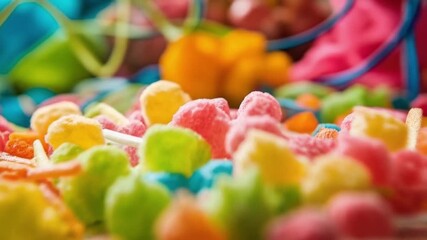 Colorful assortment of sour candies in vibrant packaging with sour sugar dust, fun and tangy celebration for National Sour Candy Day