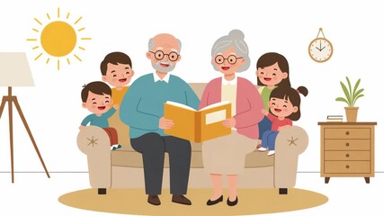 Grandparents Reading Book to Grandchildren on Beige Sofa
