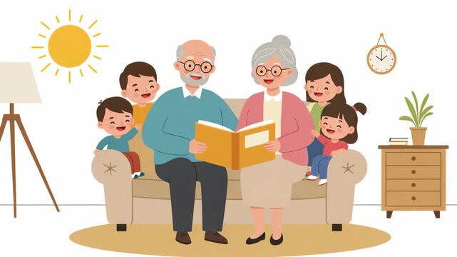 Grandparents Reading Book to Grandchildren on Beige Sofa