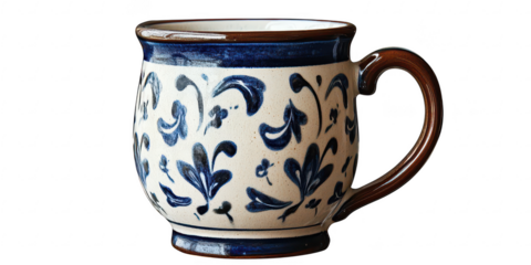 Ceramic mug blue floral pattern isolated on a transparent background