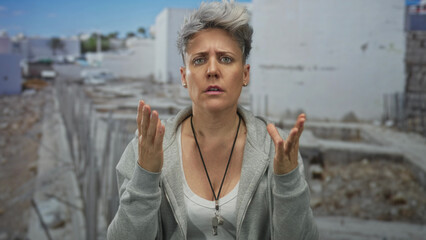Short haired woman coach gesturing open hands at gray concrete building facade; frustration...
