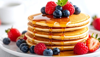 Stack of pancakes topped with fresh berries and syrup