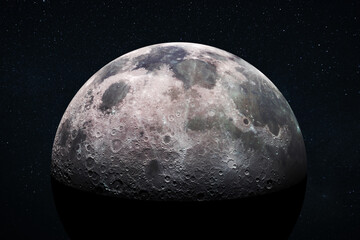 Space view of the moon’s cratered surface with a star-filled outer space background. Deep space...