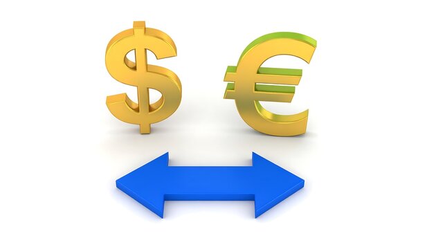 Gold dollar and euro symbols separated by a blue arrow - Powered by Adobe