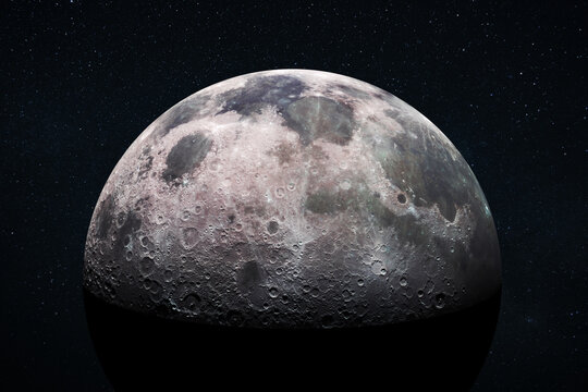 Space view of the moon’s cratered surface with a star-filled outer space background. Deep space exploration and astronomy concept. Moon with detailed craters and surface