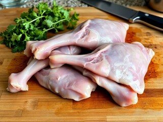 Raw chicken drumsticks with fresh herbs on a wooden cutting board