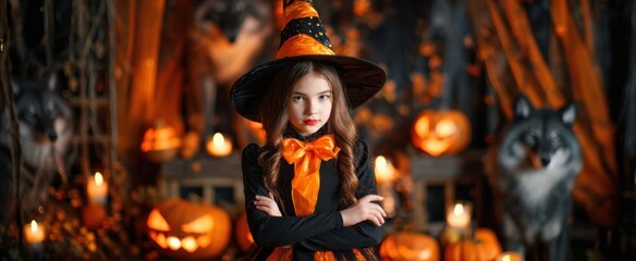 The enchanting girl in a witch costume surrounded by Halloween decorations.