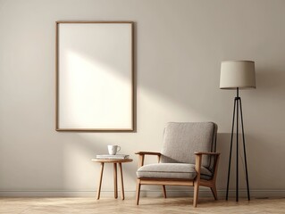 Empty framed art piece, cozy armchair, simple room