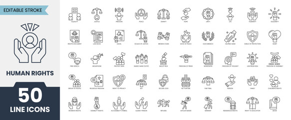 Human Rights line editable icon set. Containing freedom, democracy, equality of rights, tolerance, activism, justice, respect and more. Vector illustration