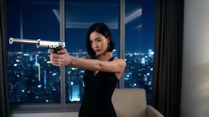 Confident asian woman in a black dress aiming a pistol with a silencer, posing as a secret agent or assassin against a night city skyline, for thriller and action concepts