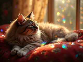 Fluffy cat lies on a pillow in a windowsill surrounded by refracting light from crystals. 