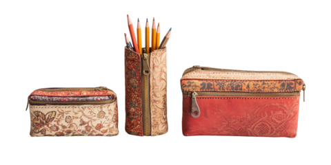 Fabric Pencil Cases Colorful Patterns isolated on a transparent background