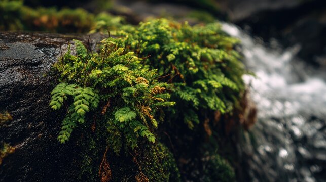 Close-up ferns and moss on a dark rock, water flowing