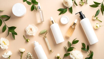 Skincare products with roses and leaves