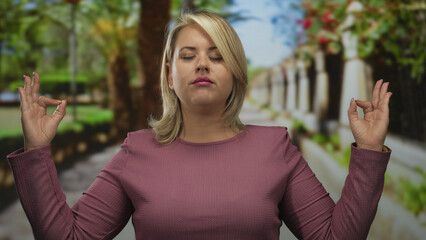 Woman with blonde hair shows her hands in a meditative gesture in a forest setting; serenity calm...